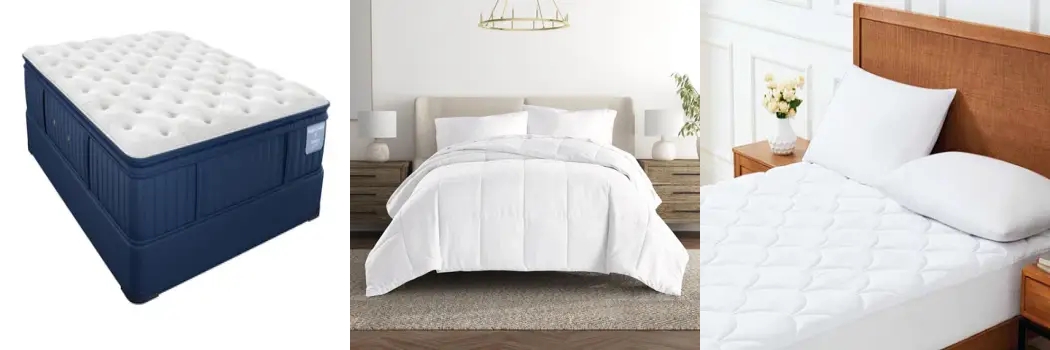This image shows three bedding essentials often used in hospitality settings: a mattress, a comforter, and a mattress pad. When paired with crisp hotel sheets and the practice of triple sheeting, they create a clean, fresh, and luxurious sleeping experience.