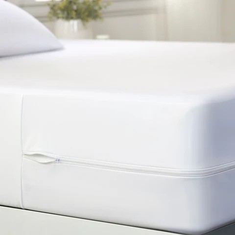 This is a white, zip-up, bed bug protector mattress encasement that can be used with any hotel sheets and with the triple sheeting techniques.