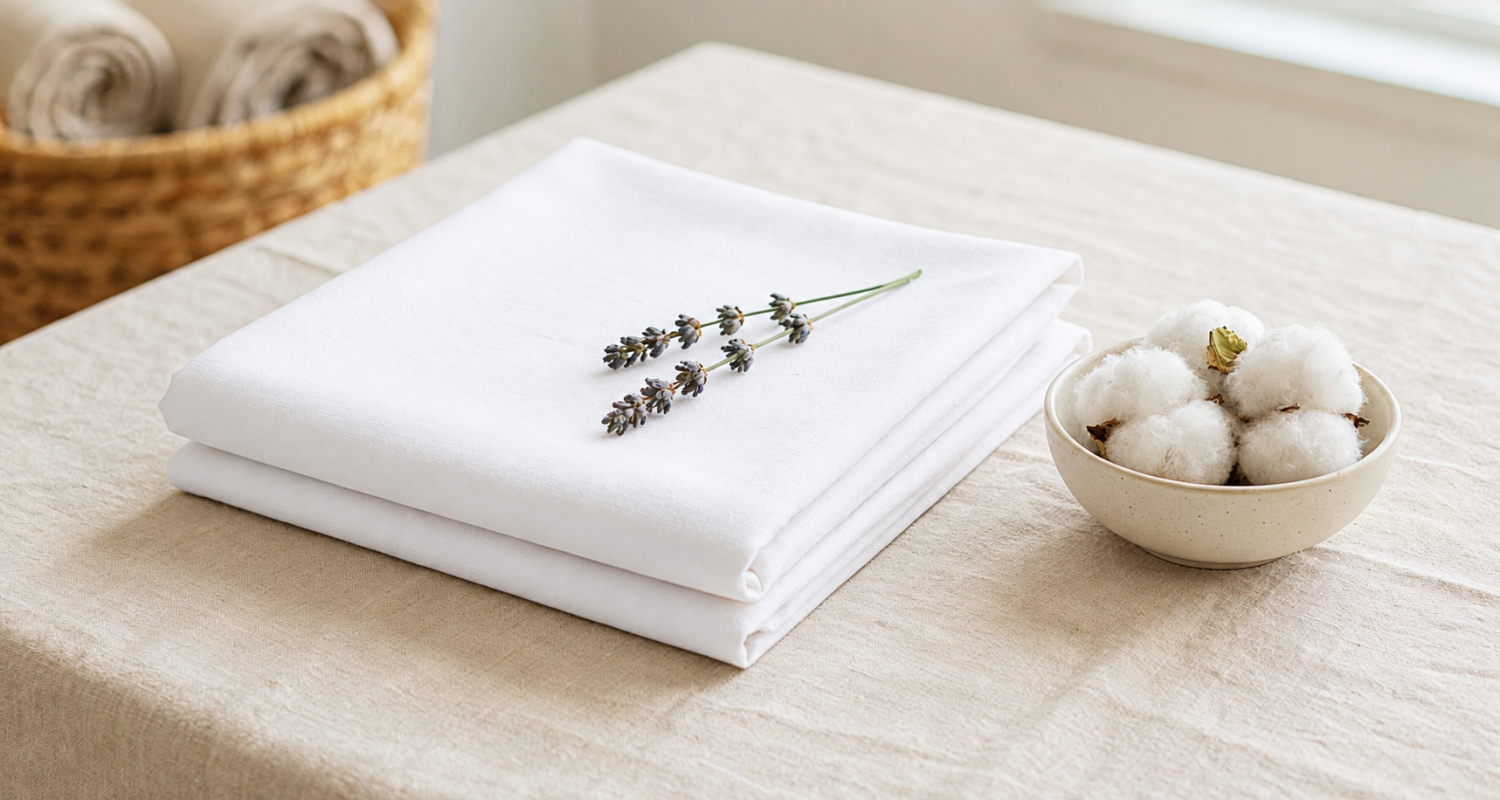 This image shows a serene still life of neatly folded Egyptian cotton fabric adorned with delicate lavender sprigs, complemented by a small, light-colored ceramic bowl filled with fluffy cotton bolls. 