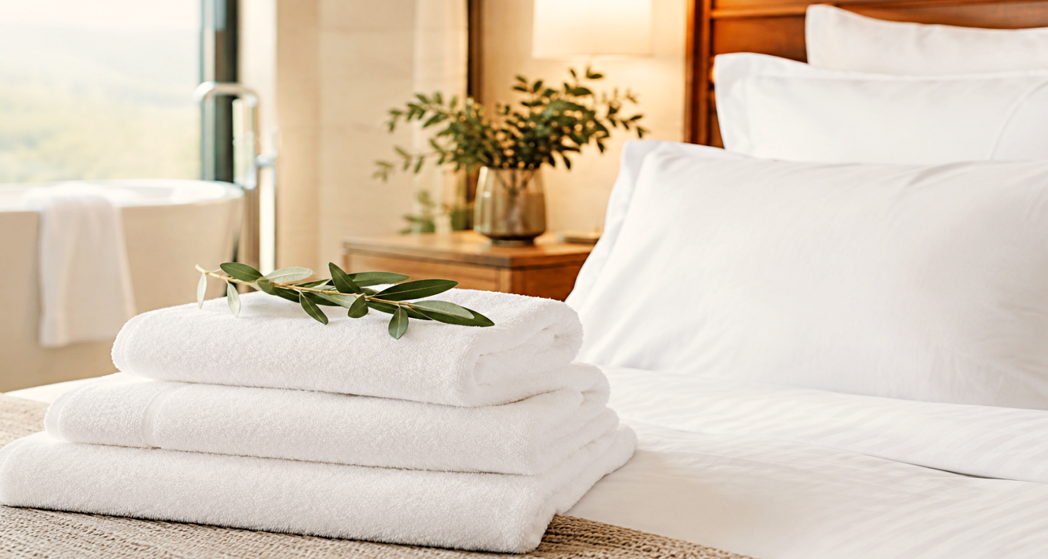 This image of a serene hotel bedroom bathed in natural sunlight showcases a stack of thick, crisp organic linens. The towels are neatly folded and topped with a delicate green sprig, exuding comfort and care. The smooth white bedding and large pillows complement the wooden headboard, while a potted plant sits on the bedside table.